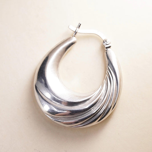 1", Vintage sterling silver loop single earring, fashion ribbed primitive hoop