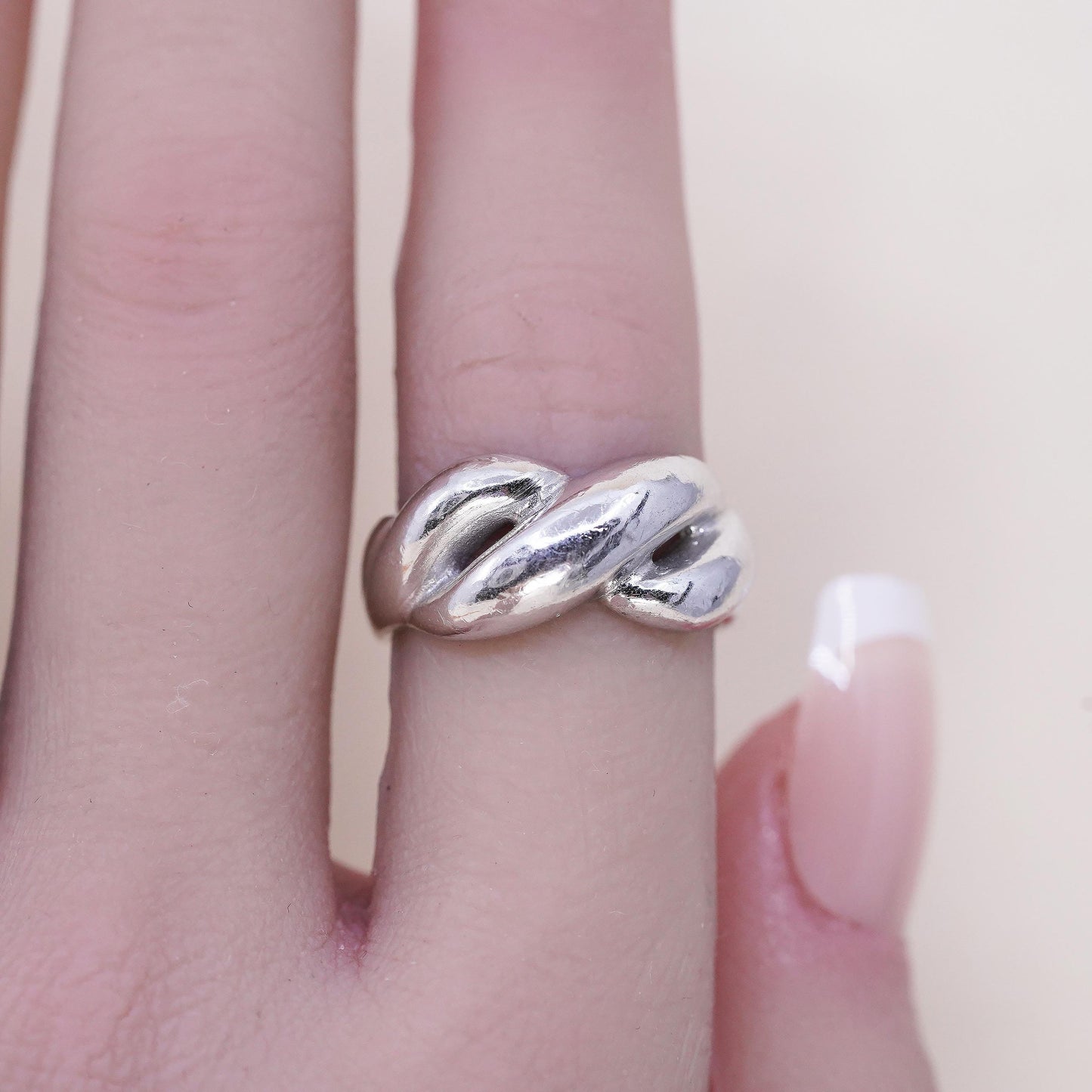 Size 7, vintage sterling silver handmade ring, 925 ribbed wavy band