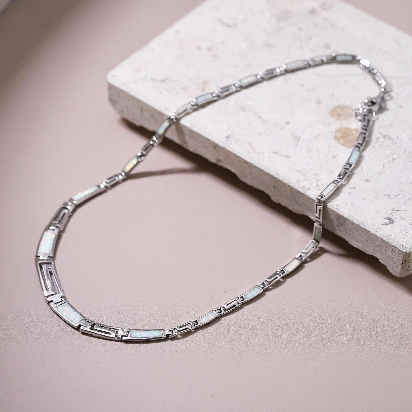 16+1”, Sterling silver necklace,925 tennis graduated Greek key fire opal