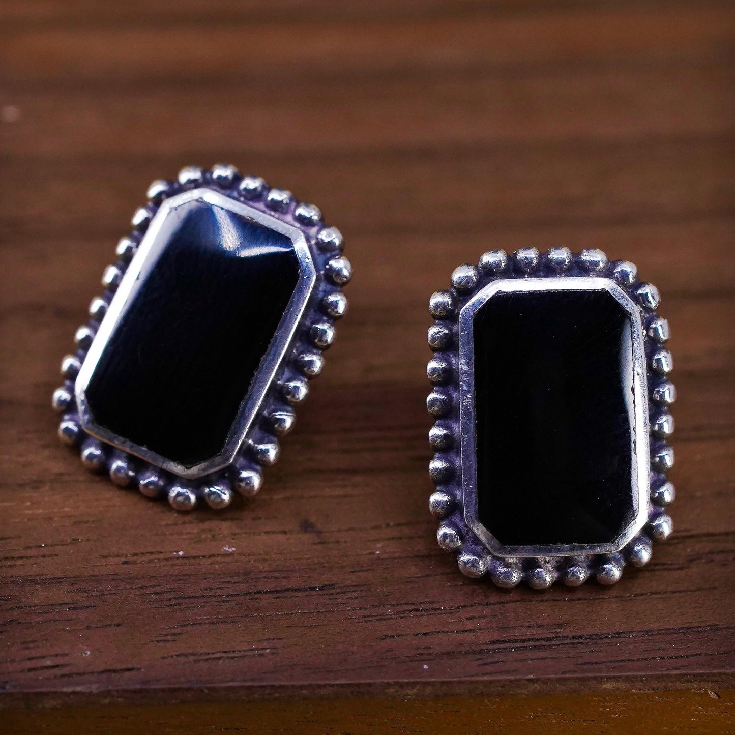 Vintage Sterling 925 silver handmade rectangular studs earrings with onyx beads