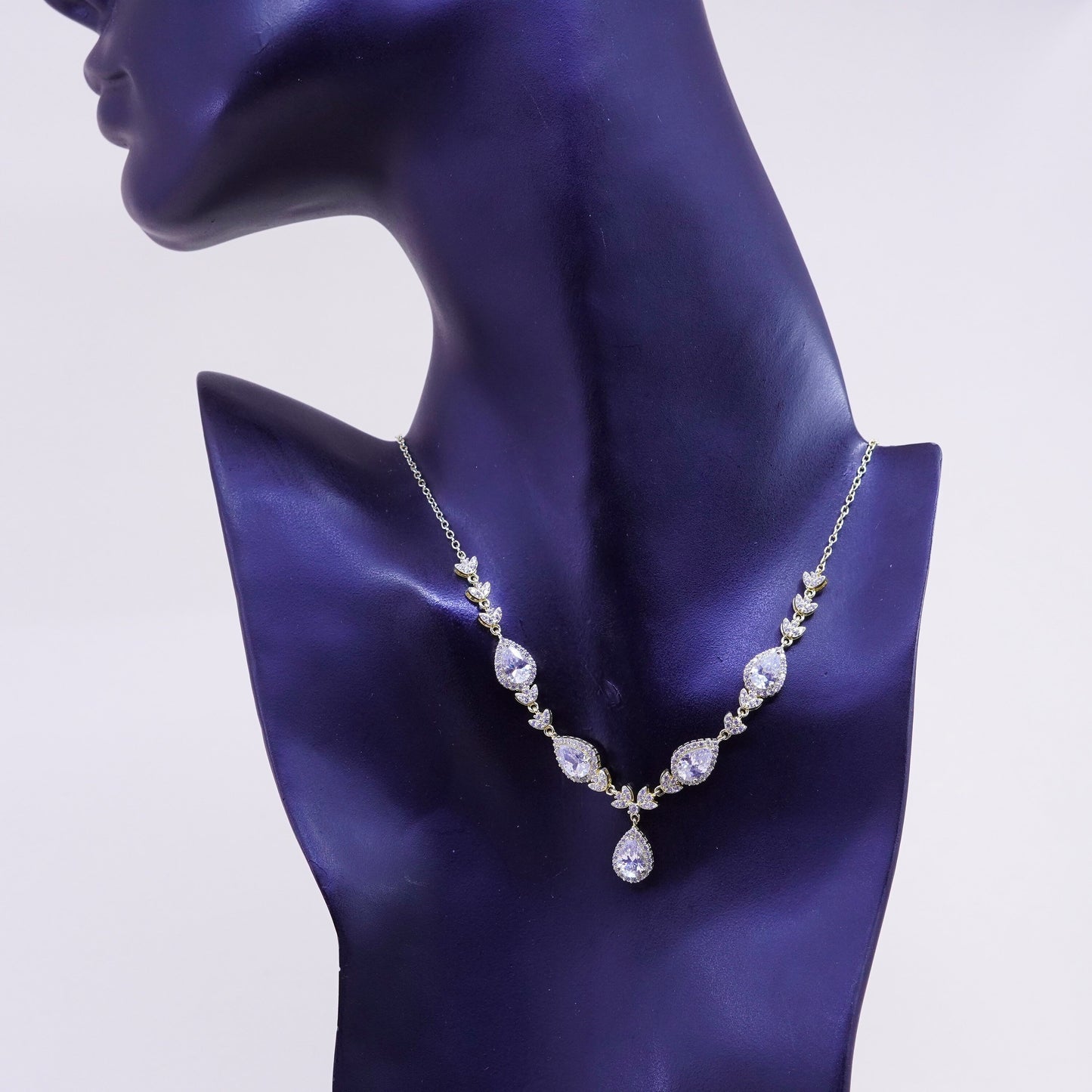 17”, 1mm, Vintage Vermeil gold over sterling silver necklace, 925 circle link chain with teardrop pendant and Cz, stamped 925 China