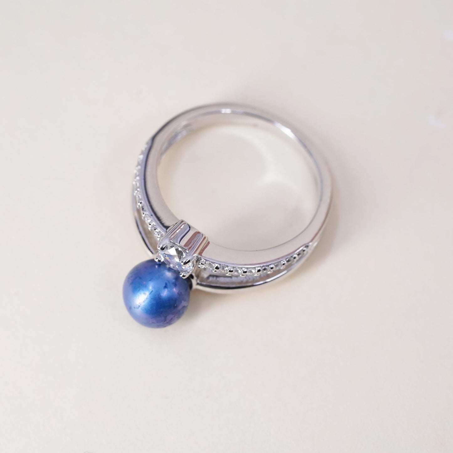 Size 6, vintage Sterling silver 925 handmade ring with blue pearl and cz