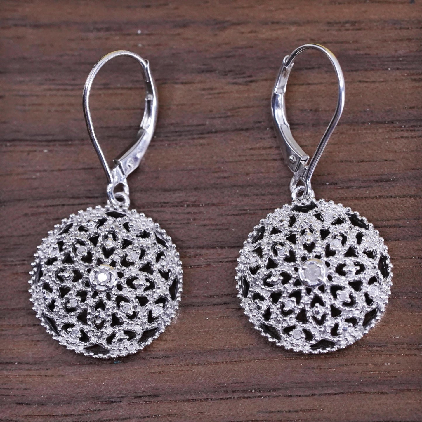vintage Sterling silver handmade earrings, 925 flower rose with cluster diamond