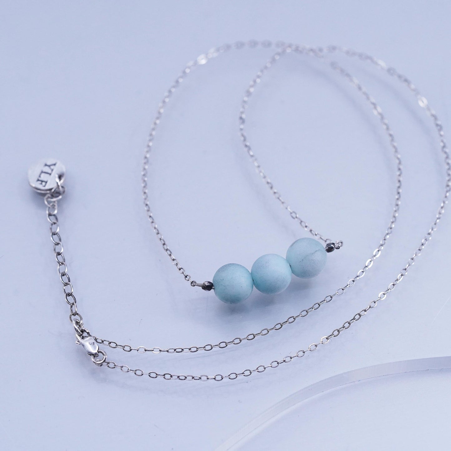 18+2”, vintage Sterling 925 silver circle chain necklace larimar bead pendant