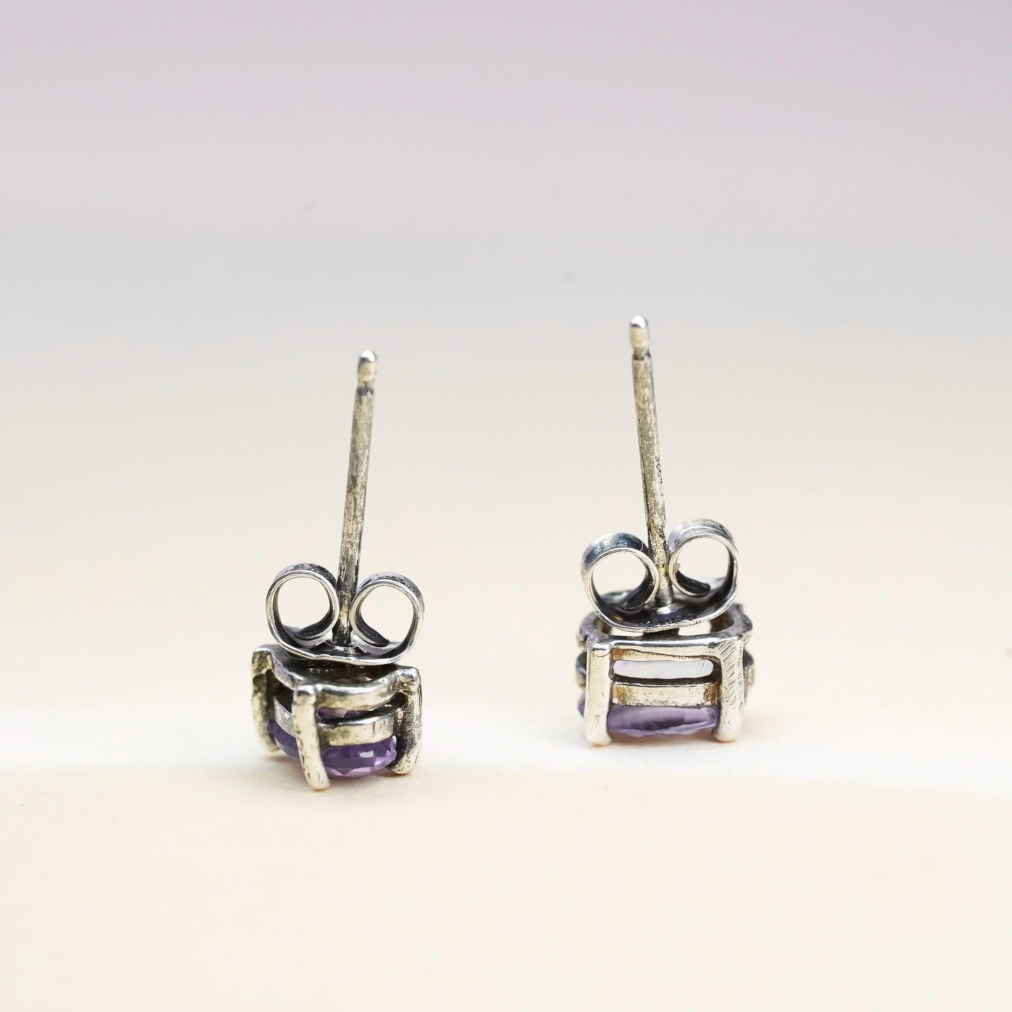 6mm, Vintage sterling silver earrings, 925 studs with oval amethyst