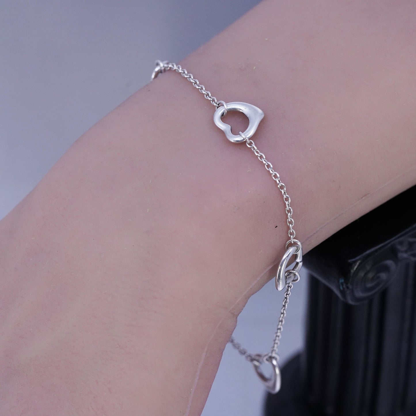 7.5" Vintage Sterling Silver Handmade Bracelet, 925 circle chain Heart Charms