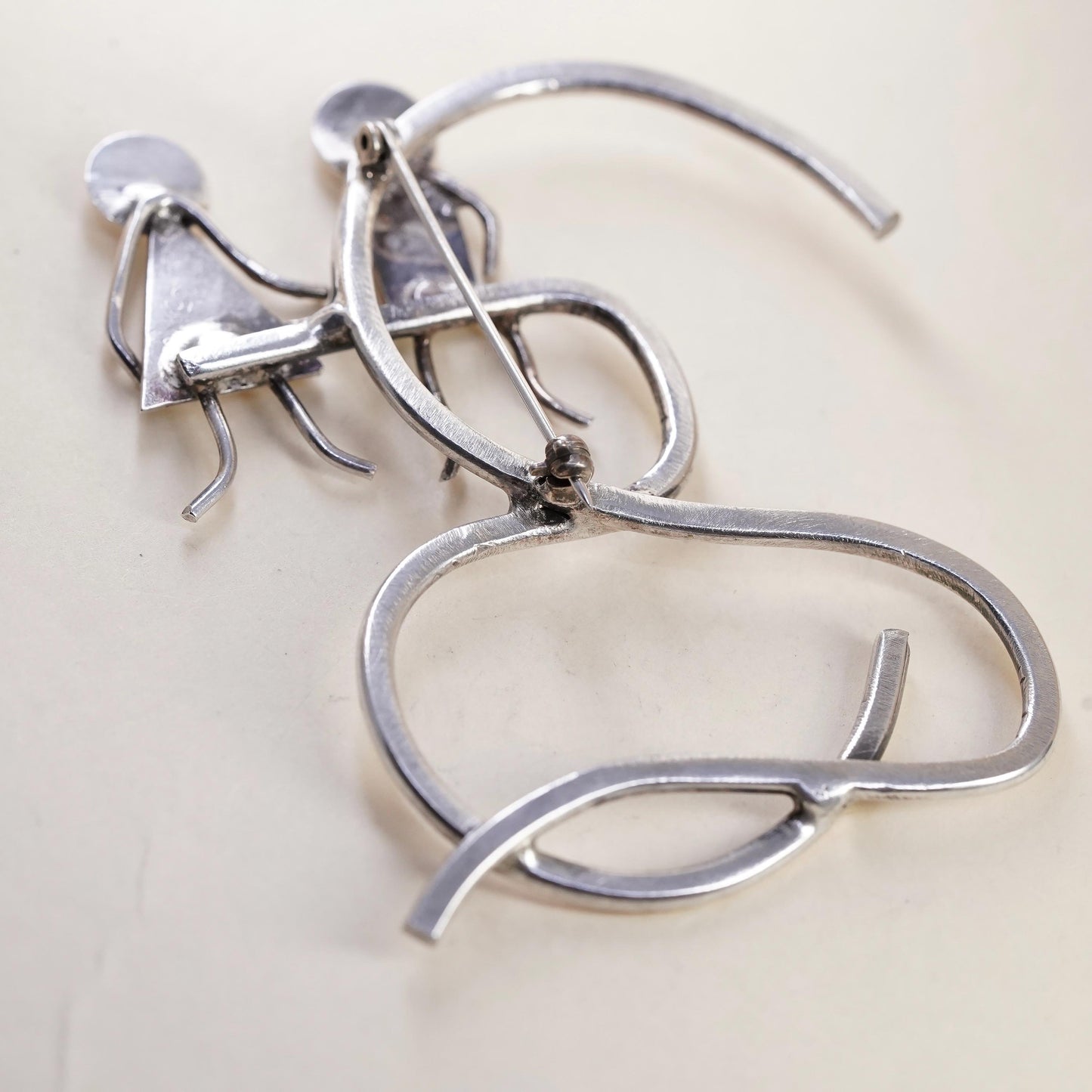 Vintage sterling silver handmade brooch, 925 silver love couple huge brooch