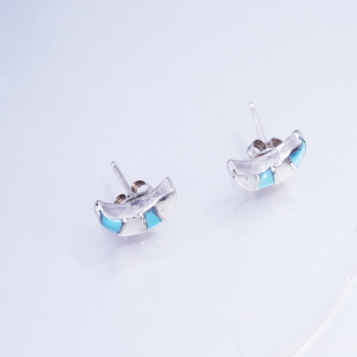 Native American Zuni Sterling 925 silver earrings, moon studs turquoise lapis
