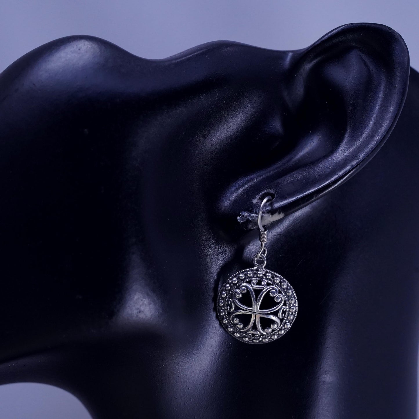 Vintage Sterling silver handmade earrings, 925 filigree circle dangles