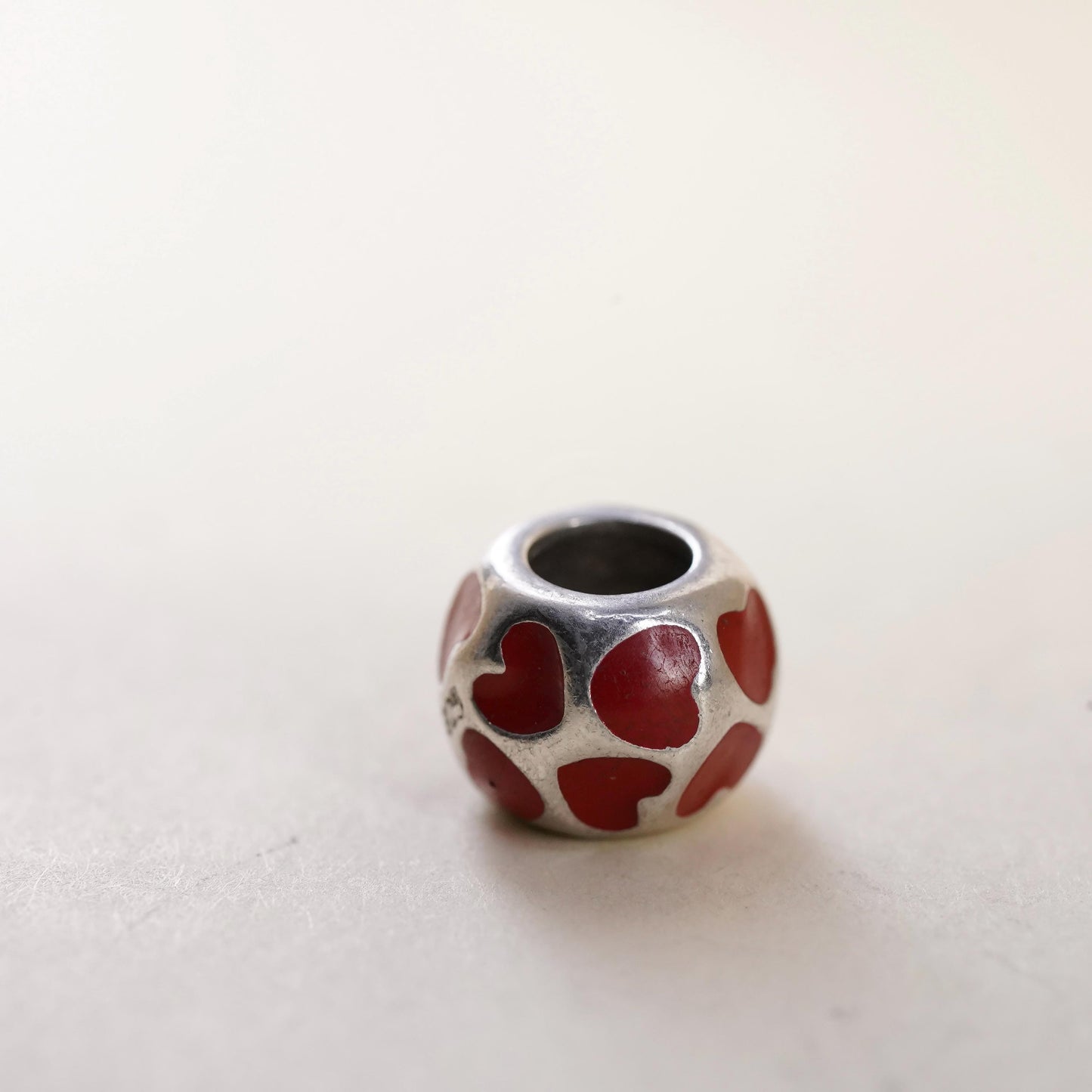 Vintage Sterling silver handmade pendant, 925 red enamel heart bead charm