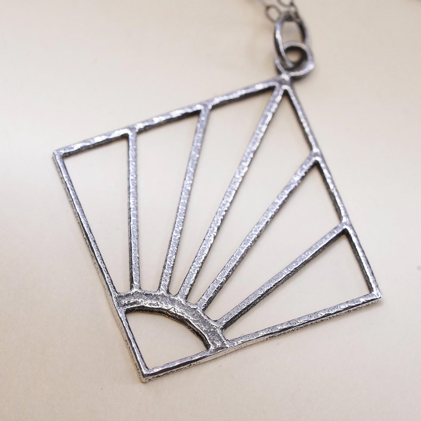20”, Sterling Silver 925 Art Deco Fan Pendant Necklace, Openwork Sunburst