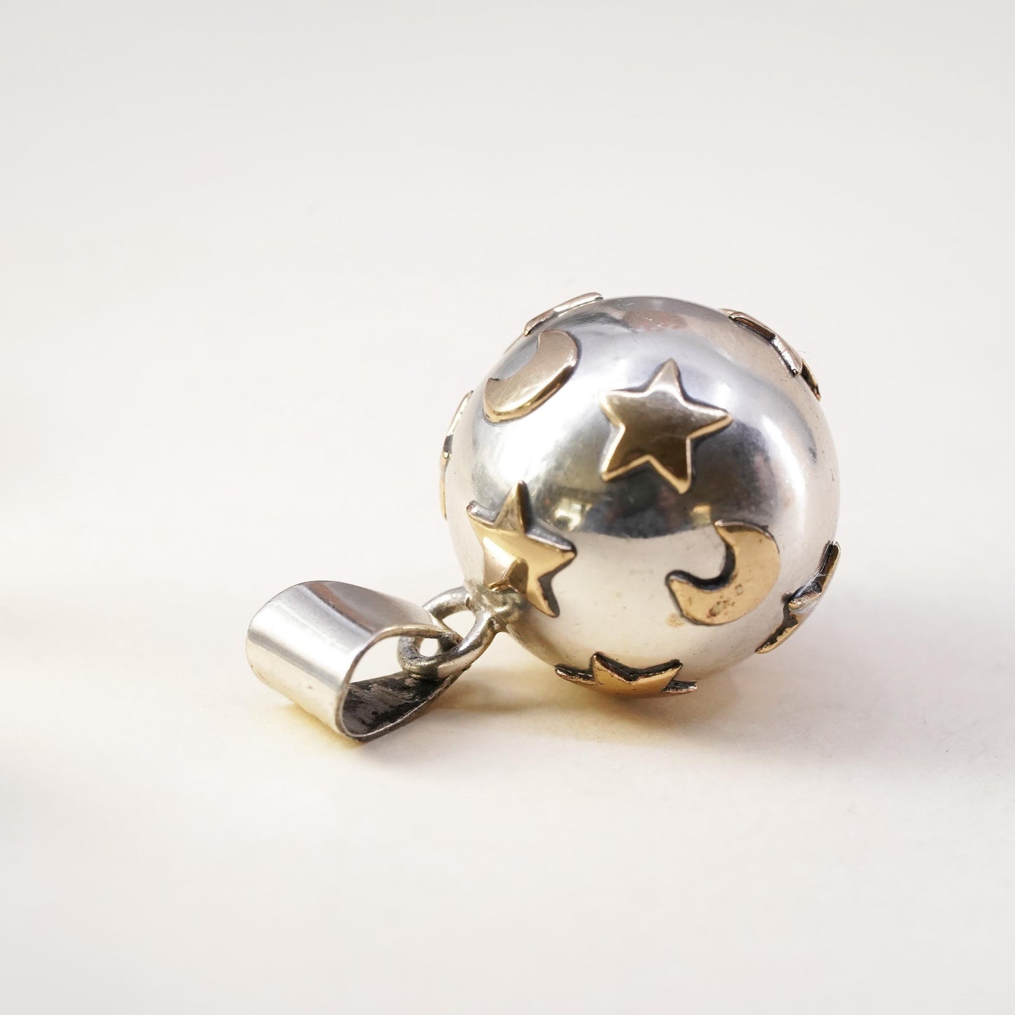 0.75” two tone Sterling silver polished chime harmony ball, 925 bell star moon