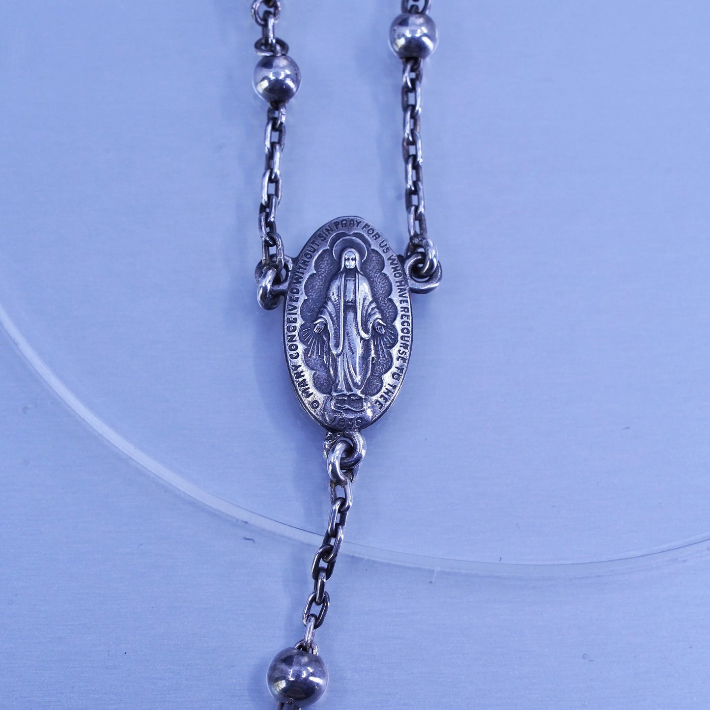 24”, Georgia sterling silver rosary necklace circle chain Jesus cross beads