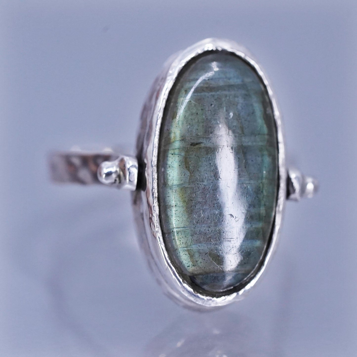 Size 7.5, Sterling 925 silver ring, double sided band with larimar labradorite
