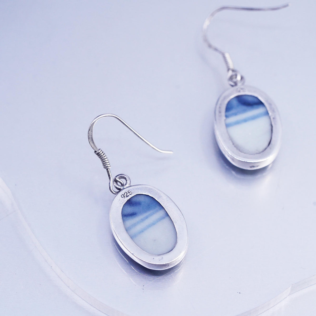 VTG Blue White Porcelain Shard Earrings, Sterling Silver 925, Ceramic Dangles