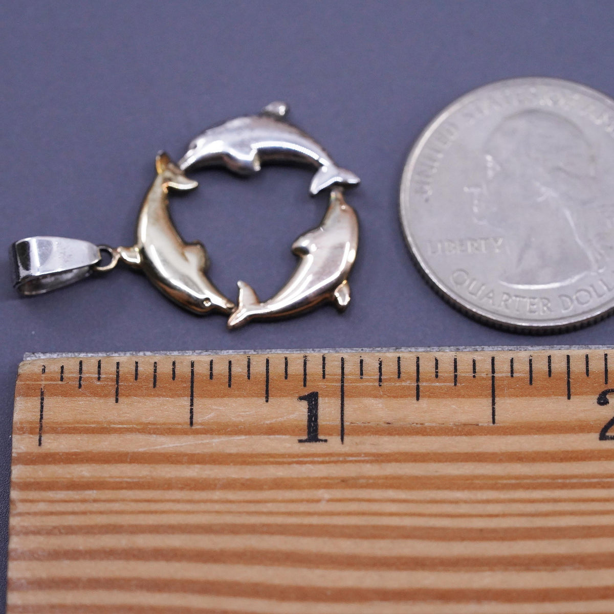Vintage 1/20 14K yellow gold Sterling silver Dolphin Circle pendant, 925 charm