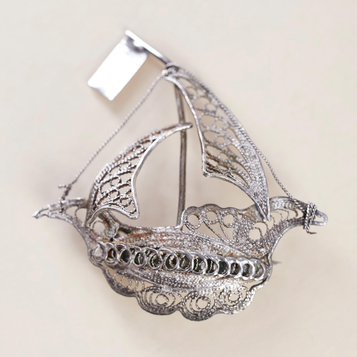 Sterling Silver Filigree Sailboat Brooch, 925 Maritime Ship Pin Sailing Yacht