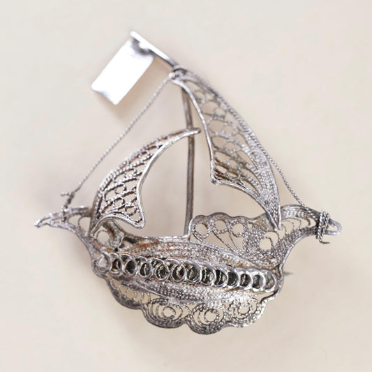 Sterling Silver Filigree Sailboat Brooch, 925 Maritime Ship Pin Sailing Yacht