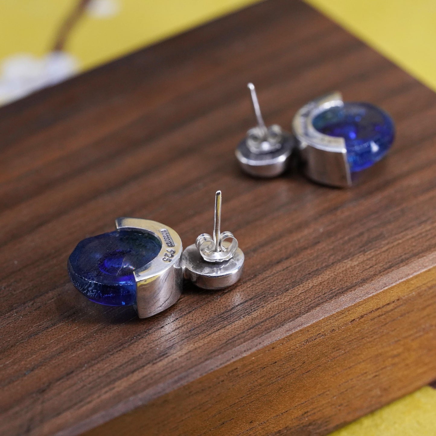 vintage Mexican Sterling silver studs, circle earrings with blue glass