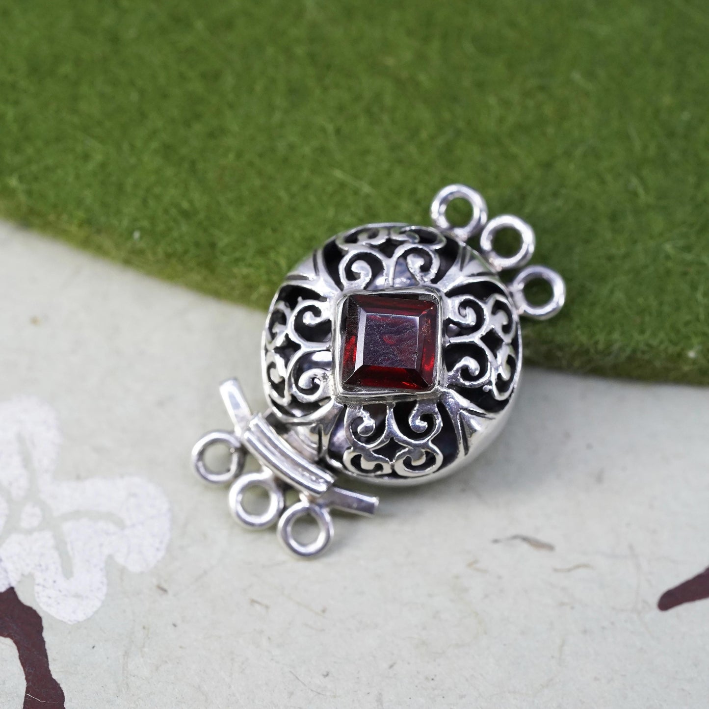 vintage Sterling silver handmade filigree clasp with ruby details