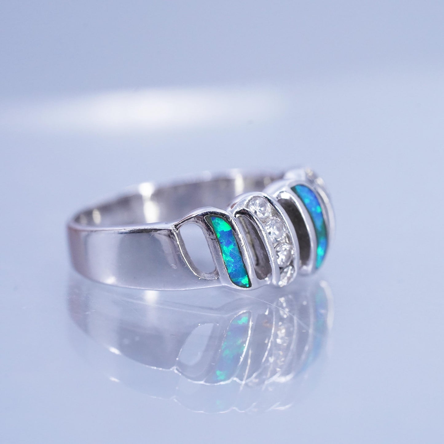Size 8, vintage Sterling 925 silver handmade ring with opal and cz