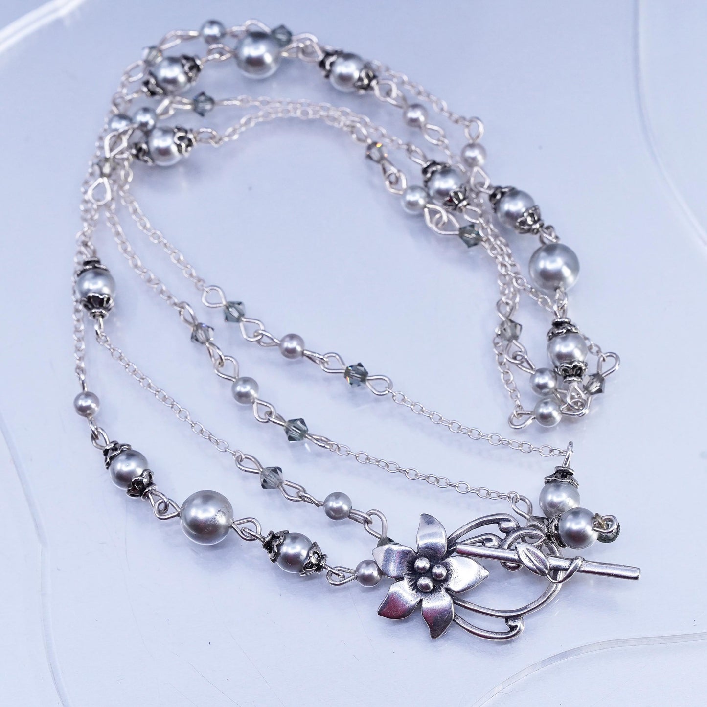 18” VTG double strands faux gray pearl necklace with 925 sterling Silver floral