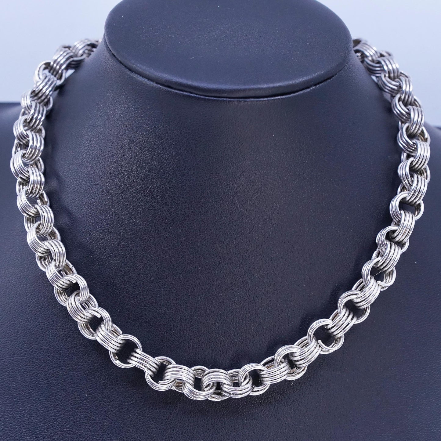 14" 9mm, vintage Sterling 925 silver bold circle chain choker collar necklace
