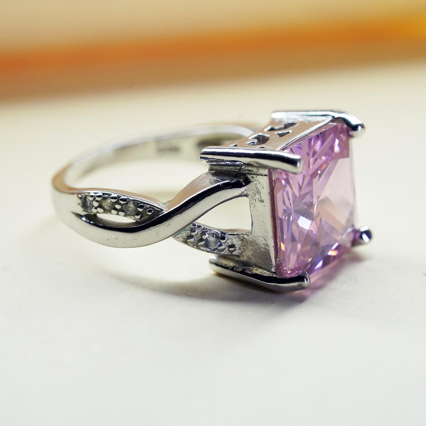 Size 8.25, Vintage Sterling 925 silver ring with square pink Quartz clear cz