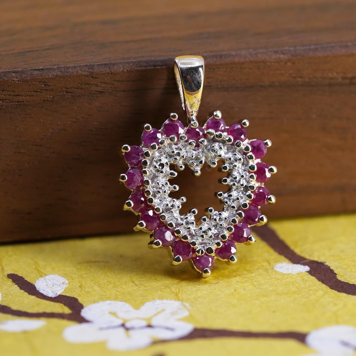 Vintage vermeil gold over Sterling 925 silver heart pendant with ruby diamonds
