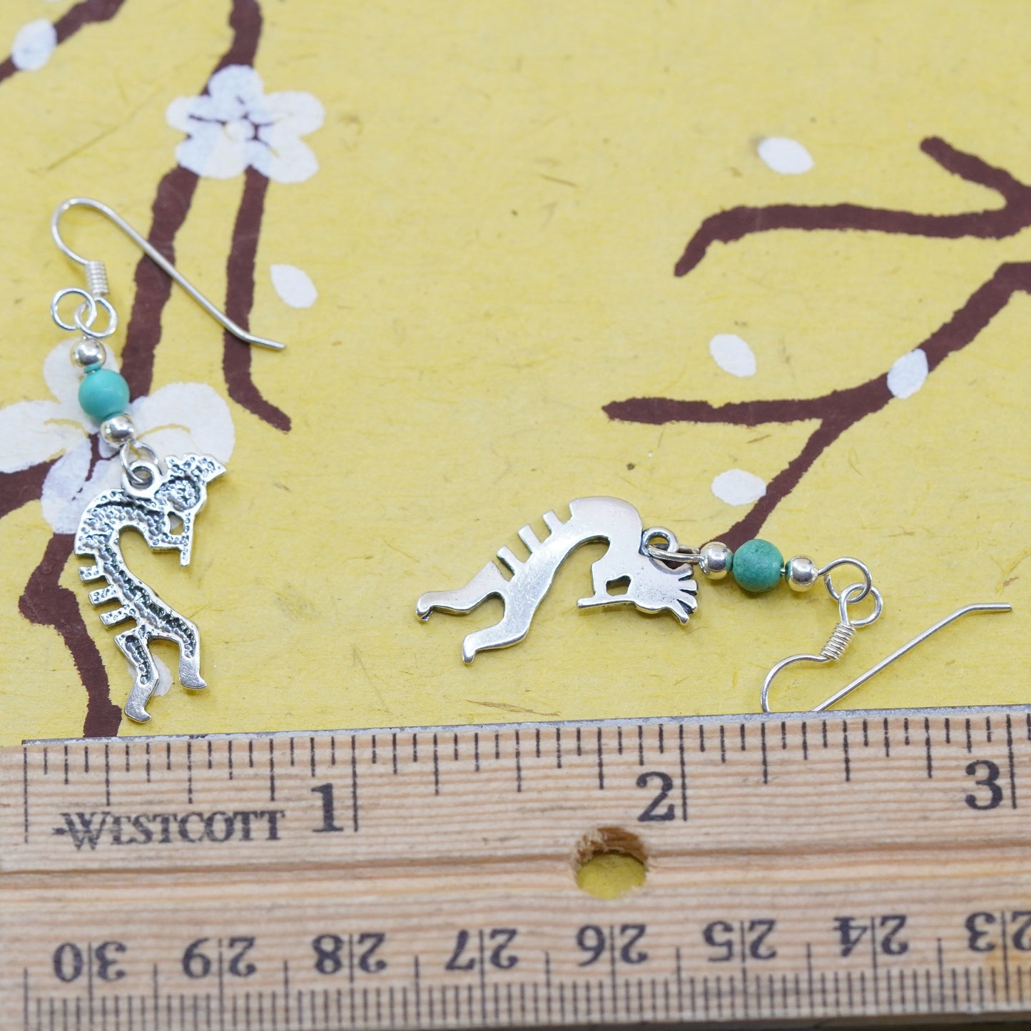 Native American Sterling silver earrings, 925 Kokopelli drops w/ turquoise bead