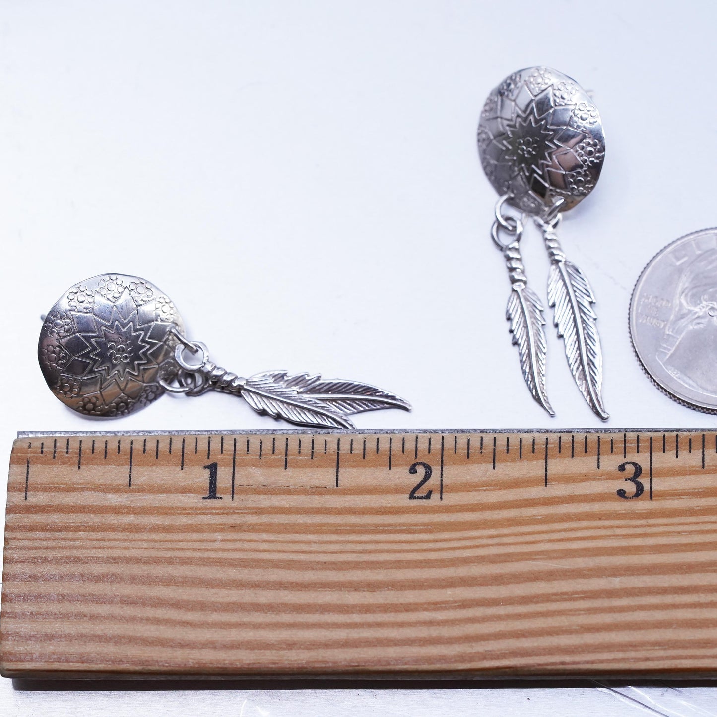 Native American Earson Sterling silver earrings, 925 disc feather dangles