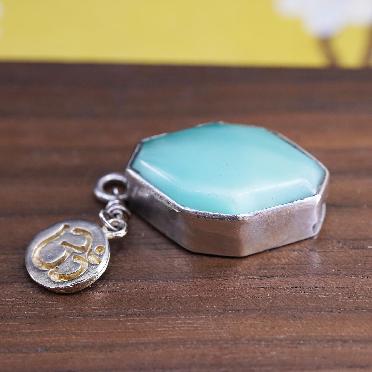 Vintage Sterling 925 silver handmade pendant with om aum and turquoise