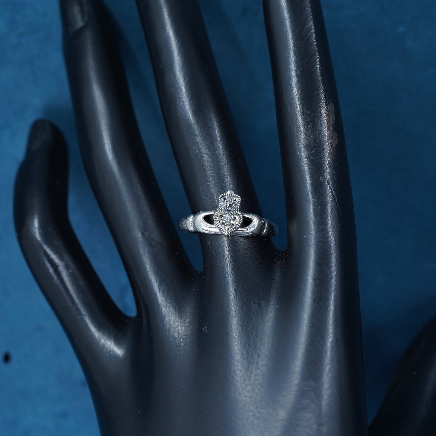 Size 7.5, Ireland Solvar sterling silver claddagh ring, heart 925 marcasite