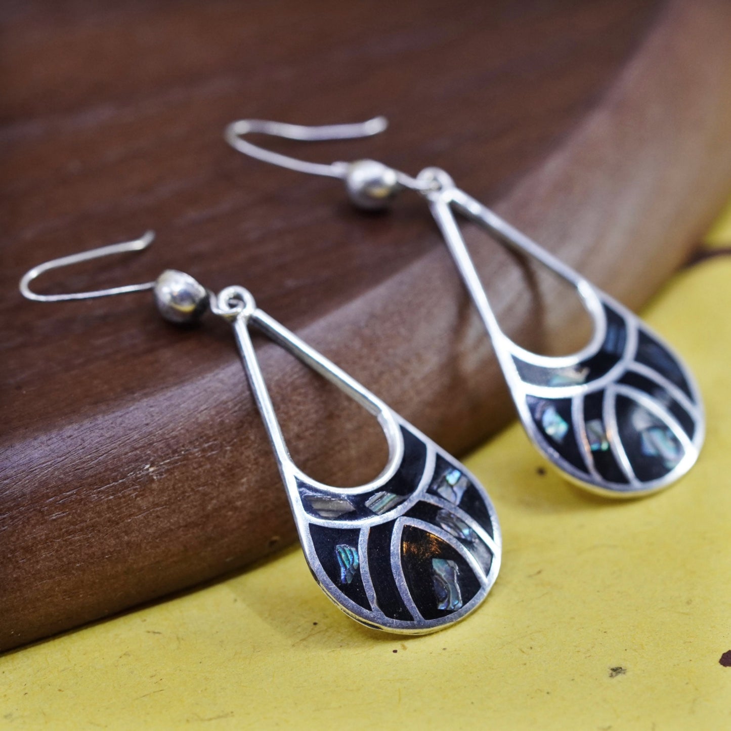 Vintage Sterling silver handmade earrings, 925 teardrop with abalone inlay