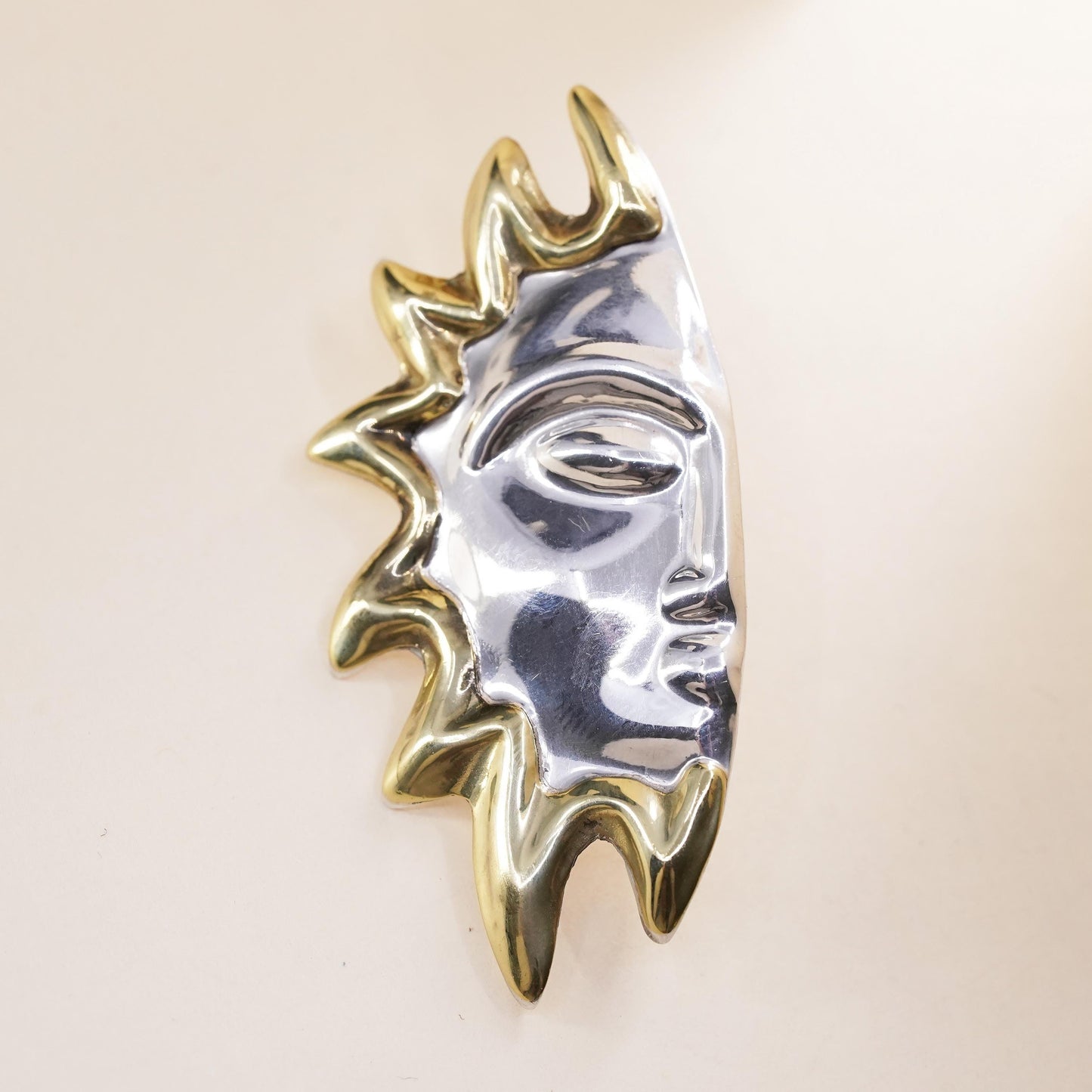 Vintage Mexican two tone sterling silver handmade half sun face single earring