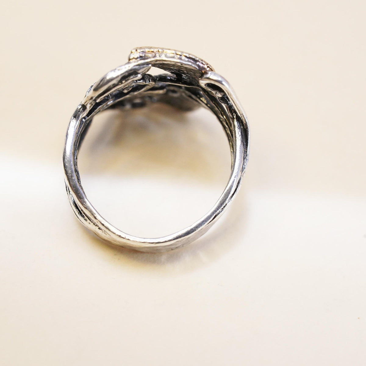 Size 6.75, Israel Pz Or Paz two tone Sterling silver ring, 925 Leafy vine band