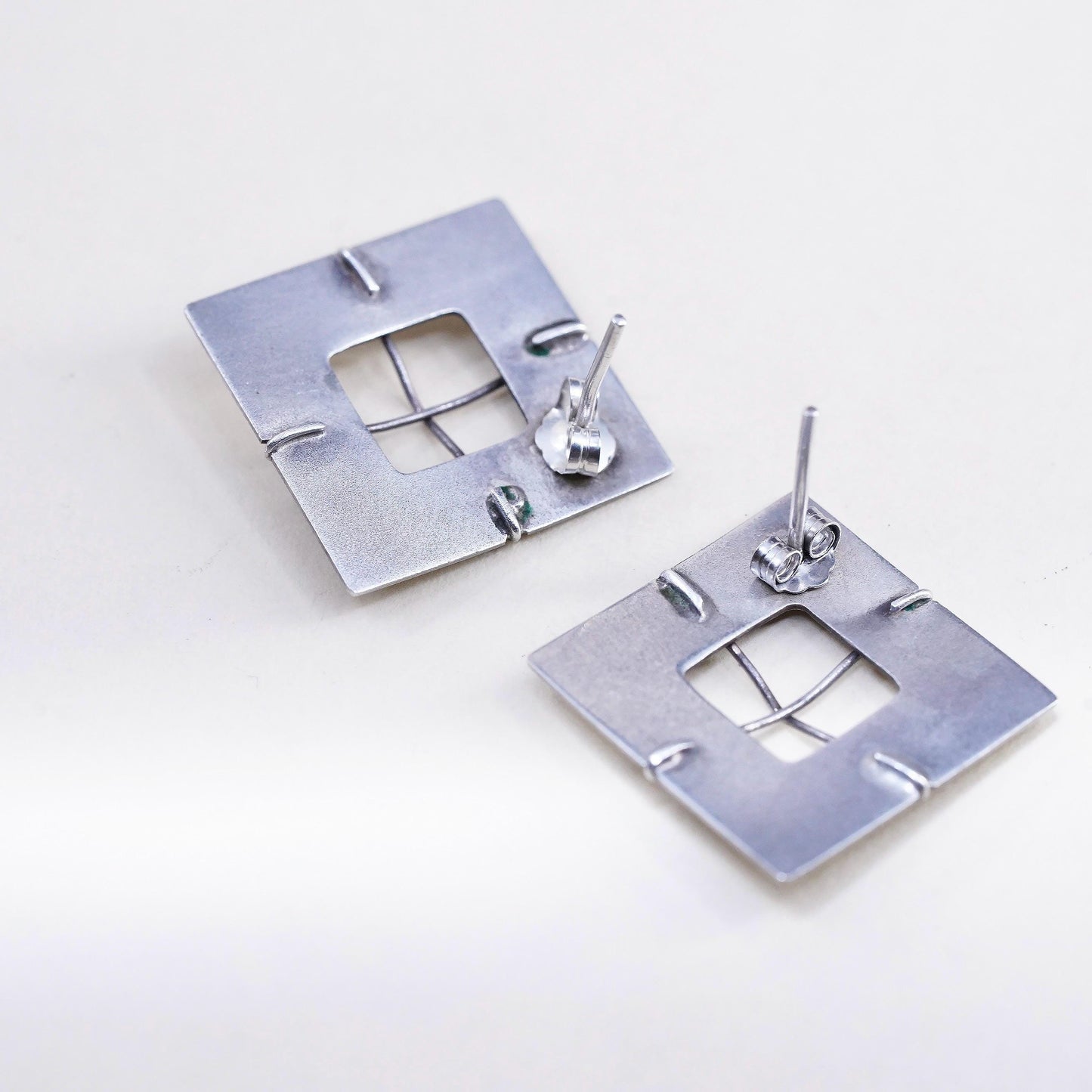 Vintage southwestern matte sterling silver studs, 925 square wired earrings
