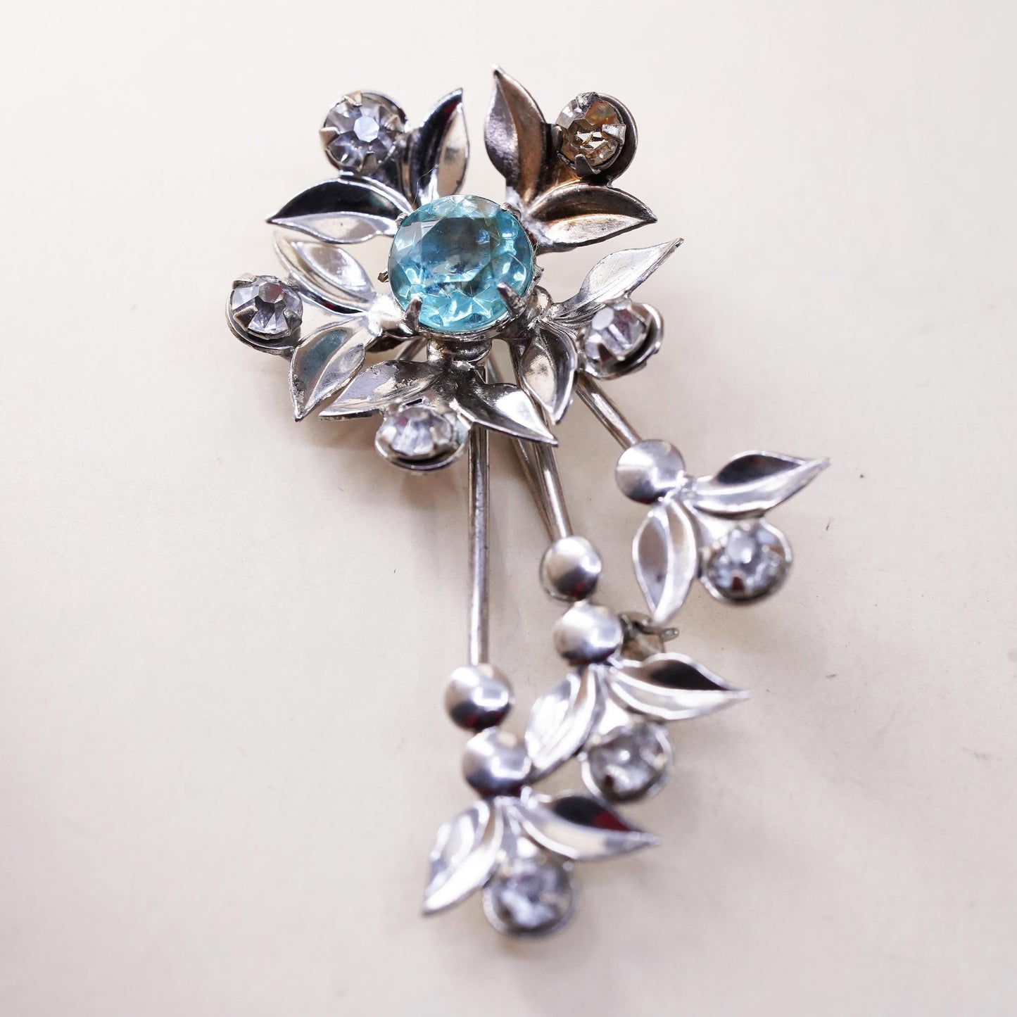 Vermeil gold plated sterling silver brooch, 925 flower blue rhinestone crystal