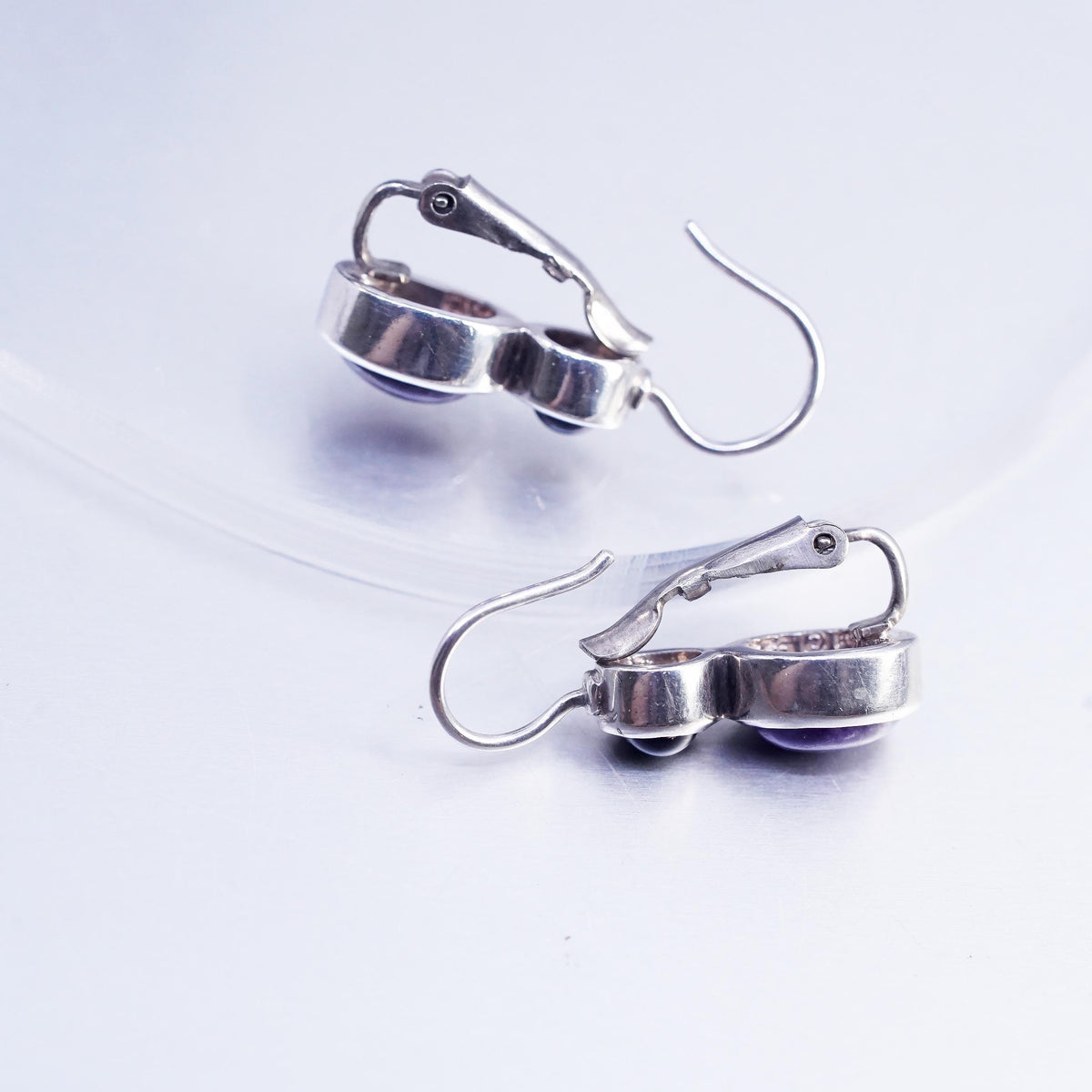 Sterling Silver 925 Amethyst Onyx Drops, Purple Cabochon, Leverback Earrings