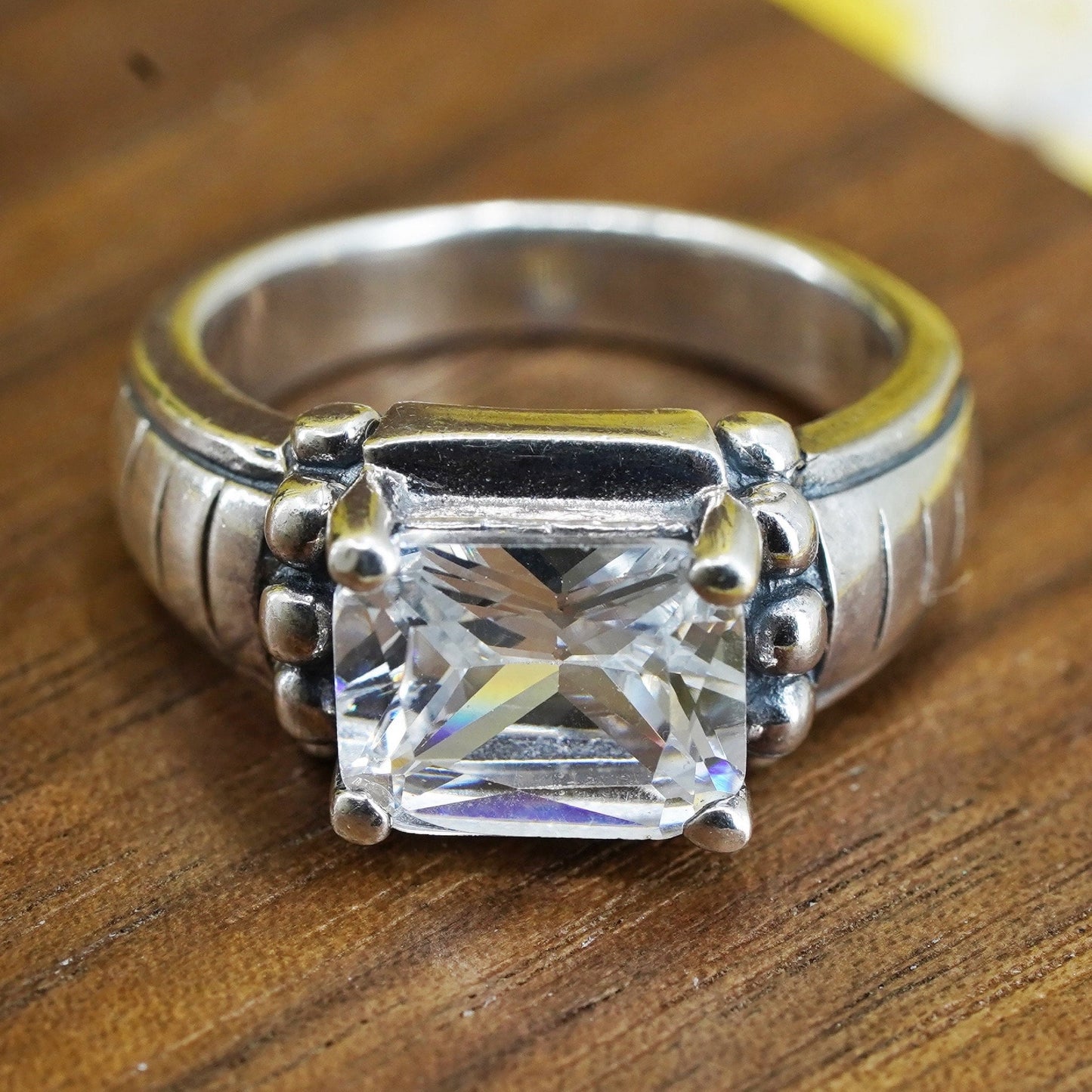 Size 7, vintage Sterling 925 silver anniversary engagement ring with cluster cz