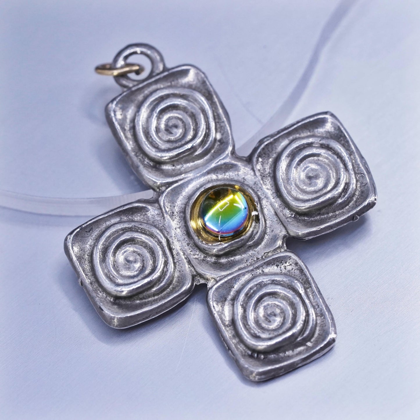 Vintage sterling 925 silver handmade cross pendant with glass bead