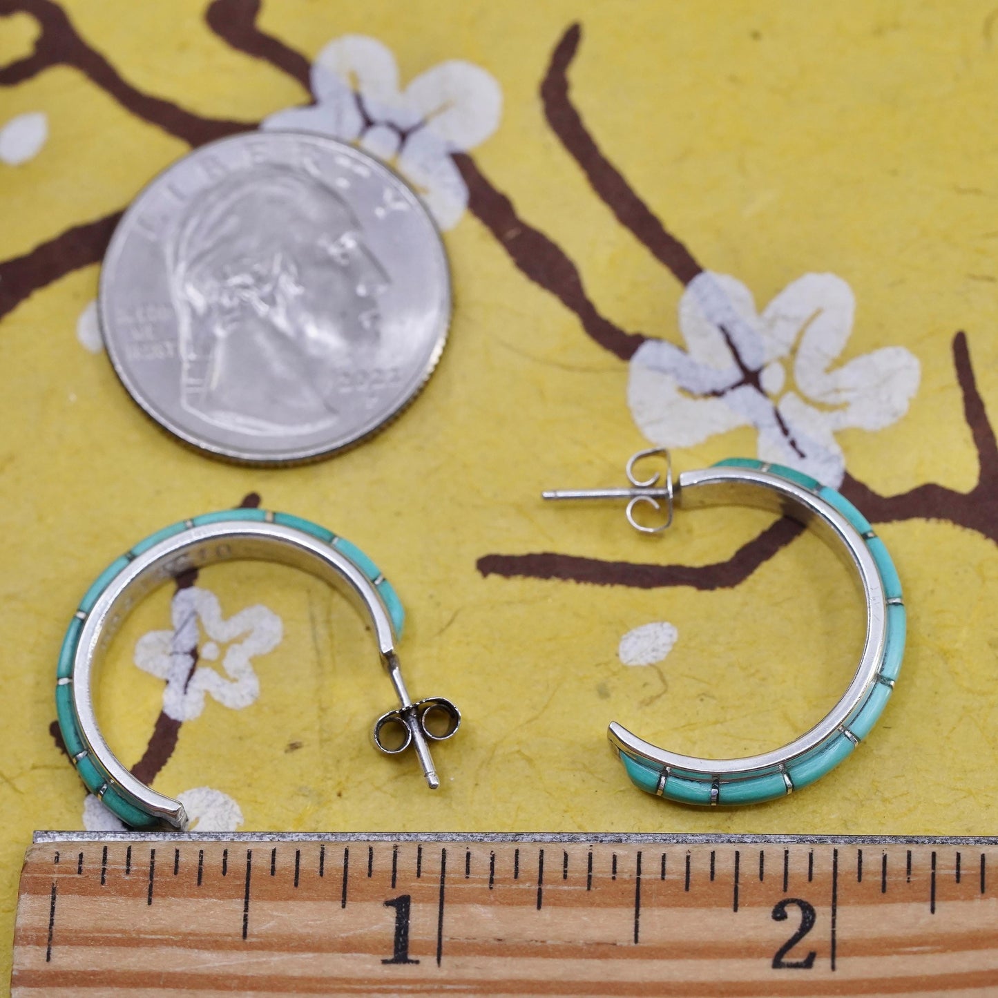 1” Native American Nastacio sterling silver earrings 925 huggie studs turquoise