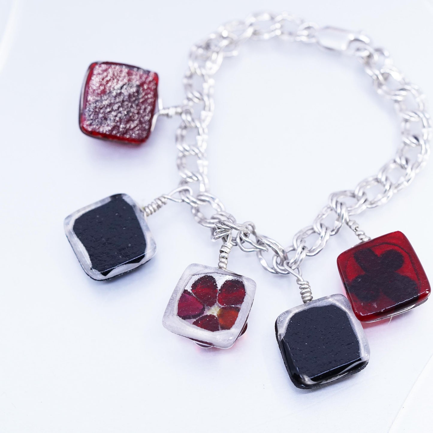 6.5” Italy Sterling 925 silver bracelet, double curb chain glass flower charms