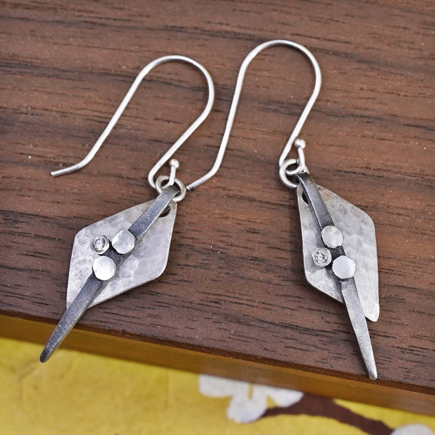 Vintage handmade sterling silver earrings, 925 hammered disc with cz and beads