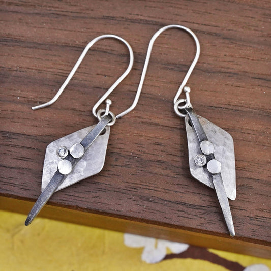 Vintage handmade sterling silver earrings, 925 hammered disc with cz and beads
