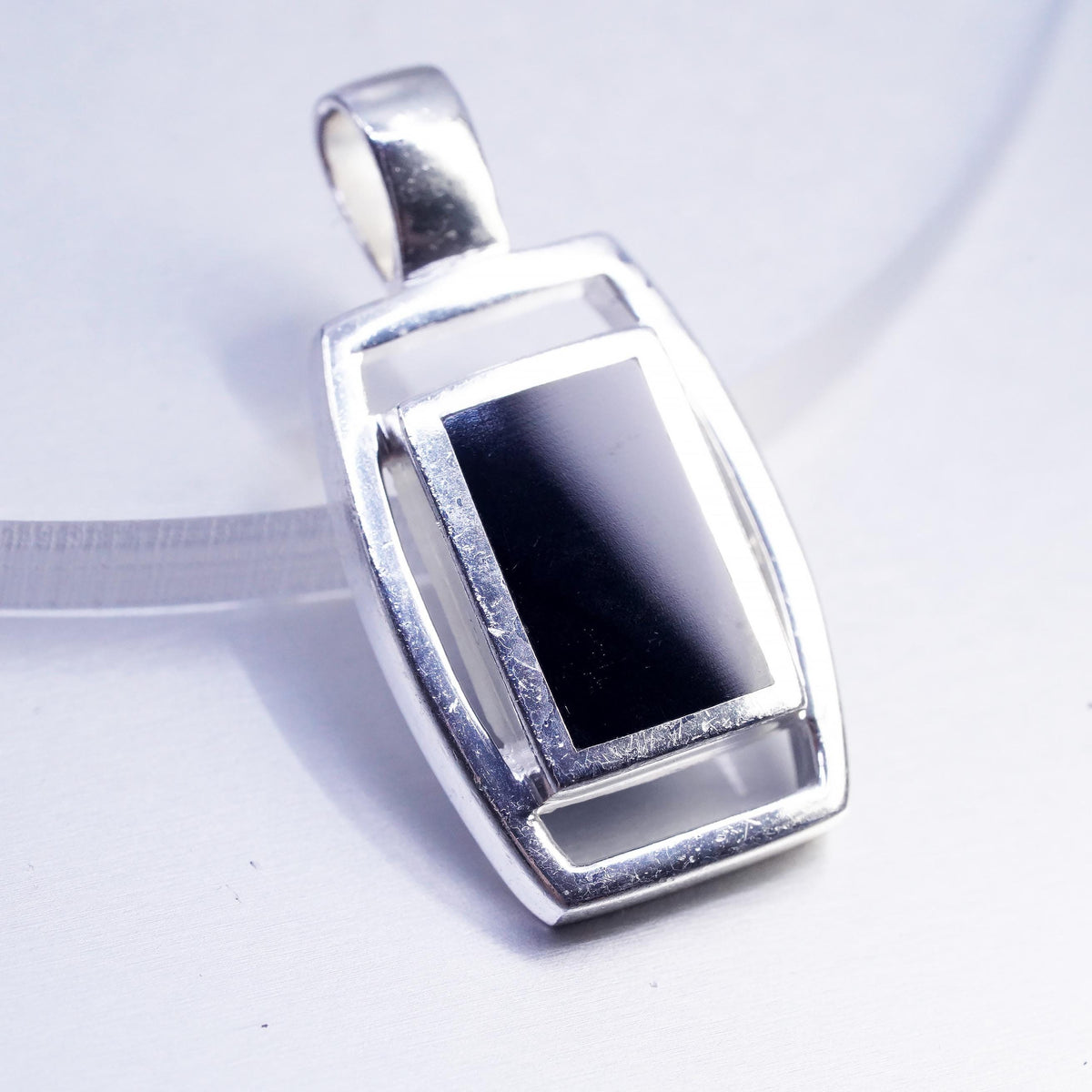 Vintage sterling 925 silver handmade rectangular pendant with onyx inlay