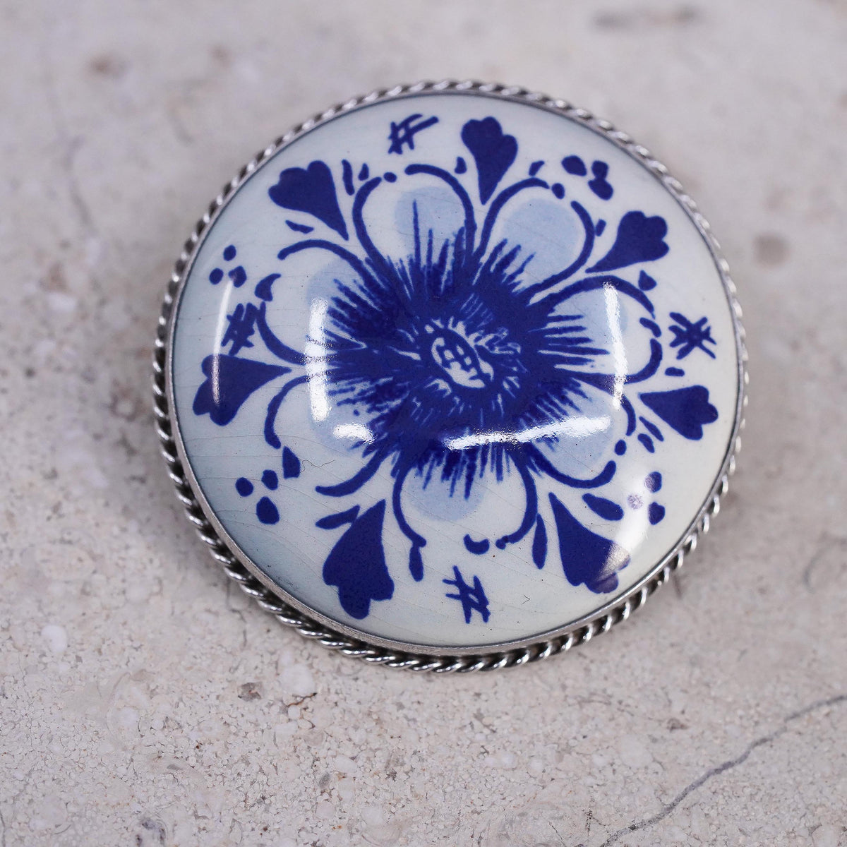 Delft Blue Porcelain Floral Brooch Sterling 925 Silver Hand Painted Dutch Pin