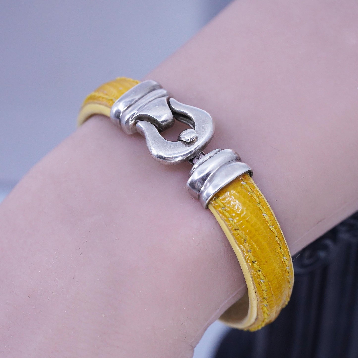 Industria Argentina Sterling 925 Silver Bracelet, Yellow Lizard Leather bangle