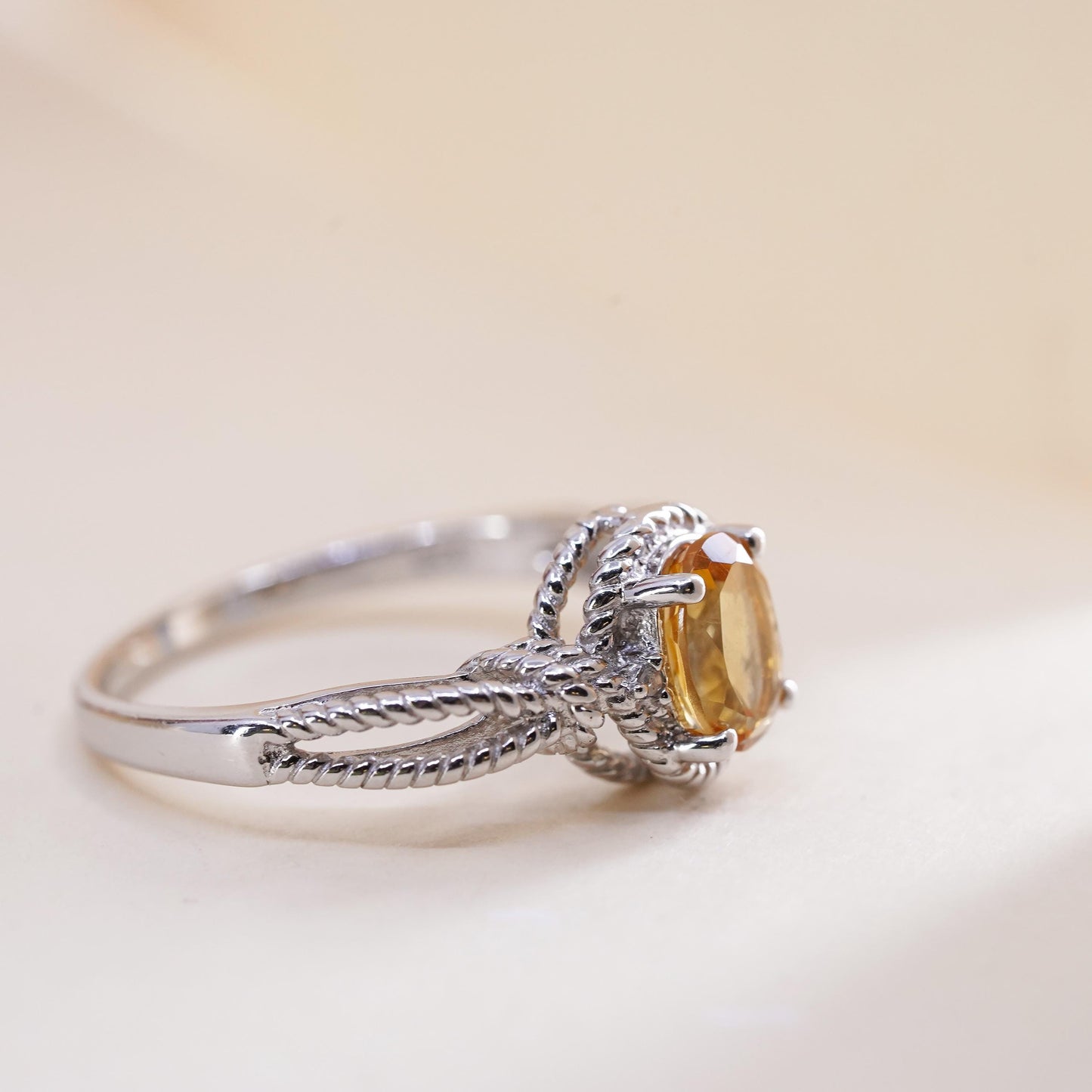 Size 10, vintage Sterling silver ring, 925 silver cable band with oval citrine