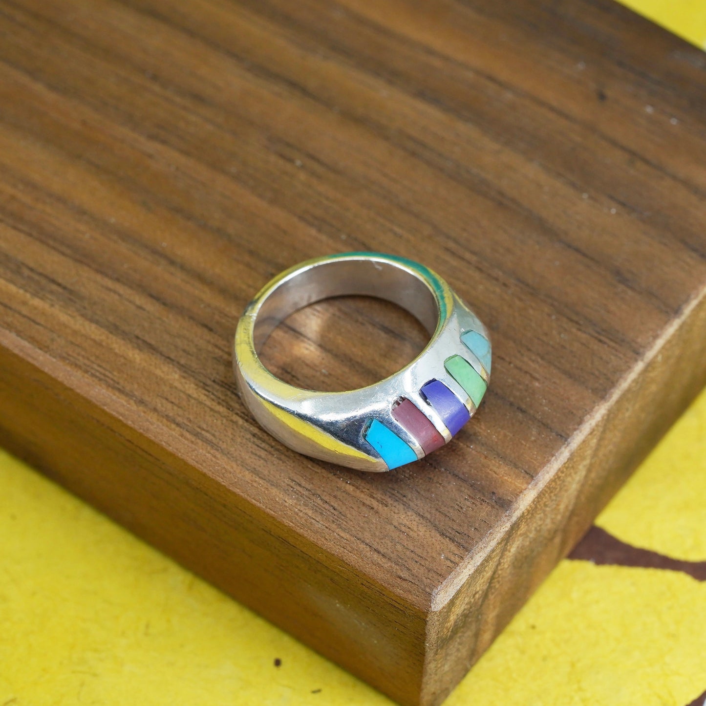 Size 6.5, Mexican Sterling silver ring, 925 band turquoise coral lapis lazuli